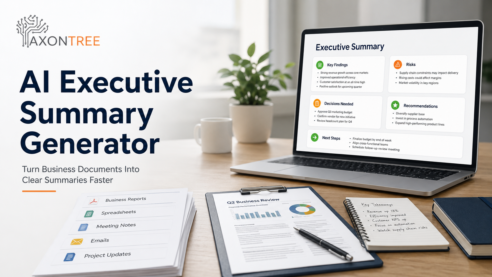 AI executive summary generator organizing business reports, PDFs, spreadsheets, meeting notes, emails, and project updates into clear executive summaries.
