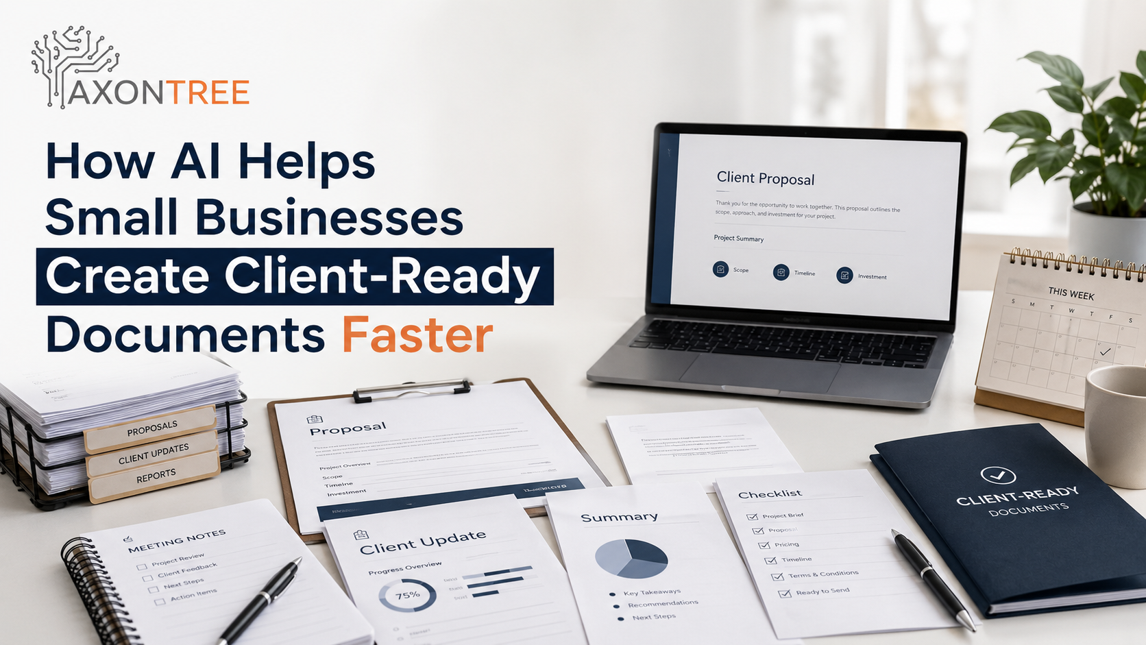 Professional small business workspace showing organized proposals, summaries, meeting notes, and client-ready documents created faster with AxonTree AI document automation.