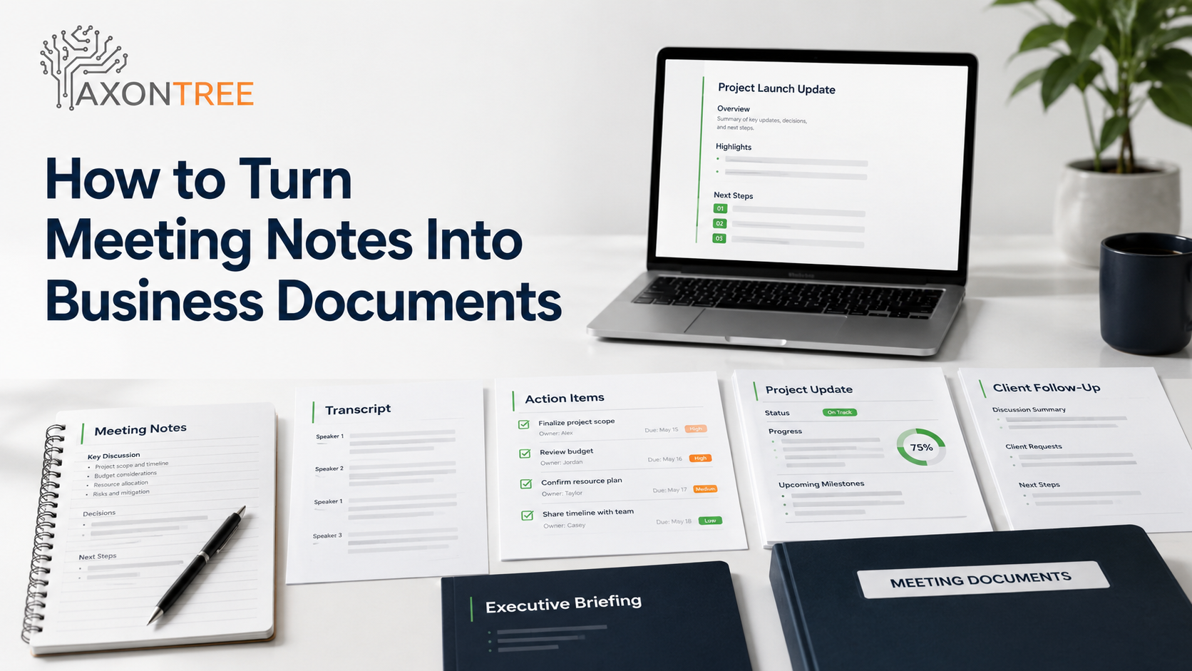 Workspace showing how to turn meeting notes into business documents with transcripts, action items, project updates, and client follow-ups.
